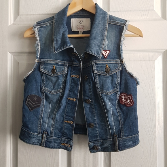 Guess Crop Denim Vest with Patches - Picture 1 of 11